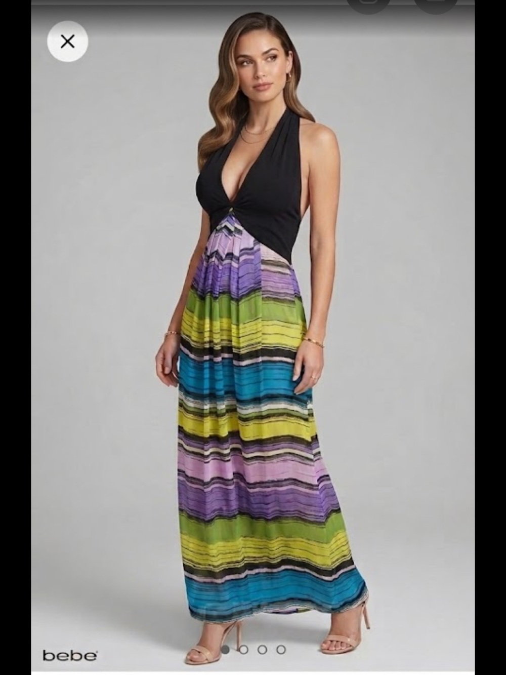 Bebe Sonara Silk Multicolor SUMMER GODDESS Halter Maxi Dress Y2K RARE S